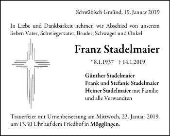 Traueranzeige von Franz Stadelmaier von Gmünder Tagespost