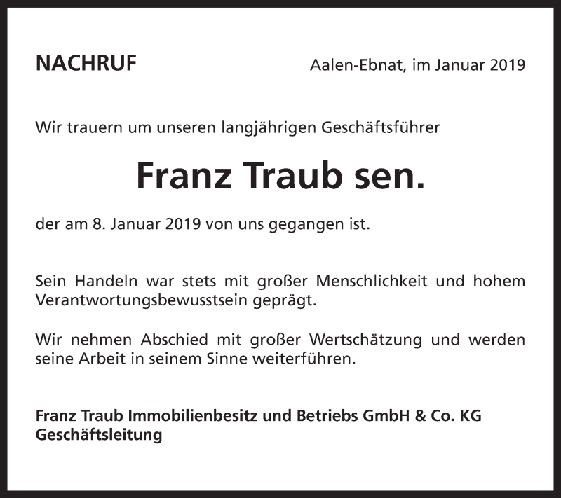  Traueranzeige für Franz Traub vom 12.01.2019 aus Schwäbische Post