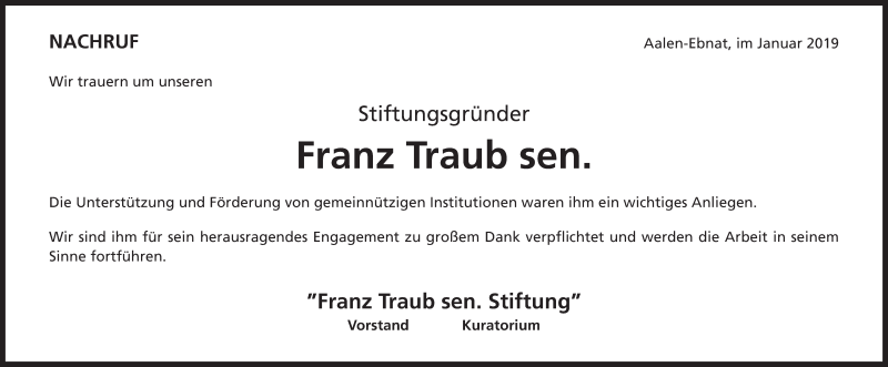  Traueranzeige für Franz Traub vom 12.01.2019 aus Schwäbische Post