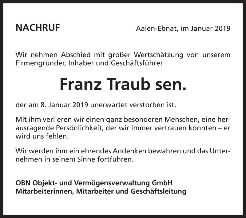  Traueranzeige für Franz Traub vom 12.01.2019 aus Schwäbische Post