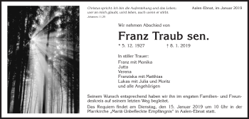Traueranzeige von Franz Traub von Schwäbische Post