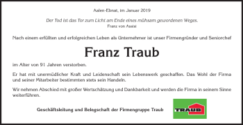 Traueranzeige von Franz Traub von Schwäbische Post