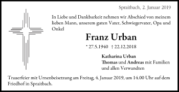 Traueranzeige von Franz Urban von Gmünder Tagespost