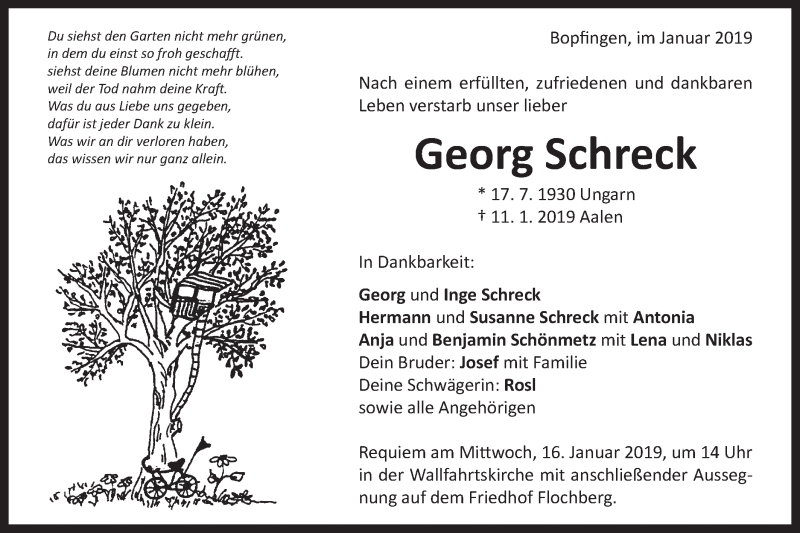  Traueranzeige für Georg Schreck vom 14.01.2019 aus Schwäbische Post