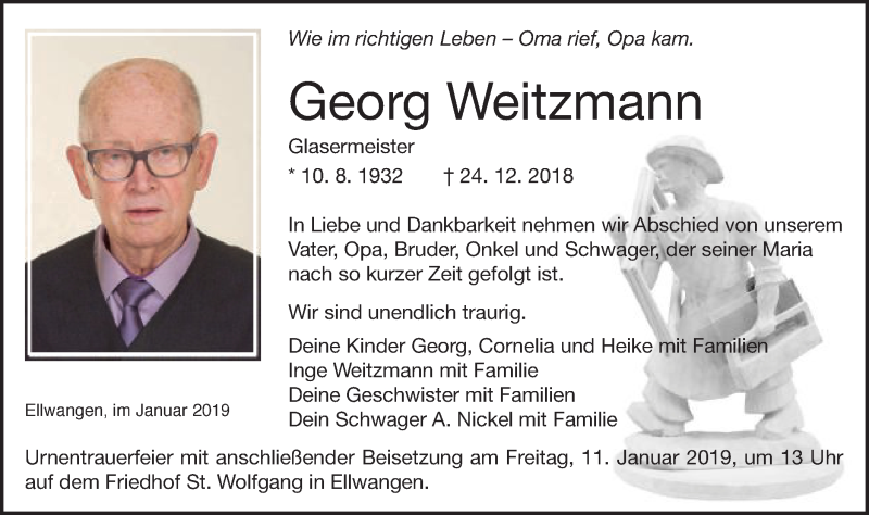  Traueranzeige für Georg Weitzmann vom 05.01.2019 aus Schwäbische Post