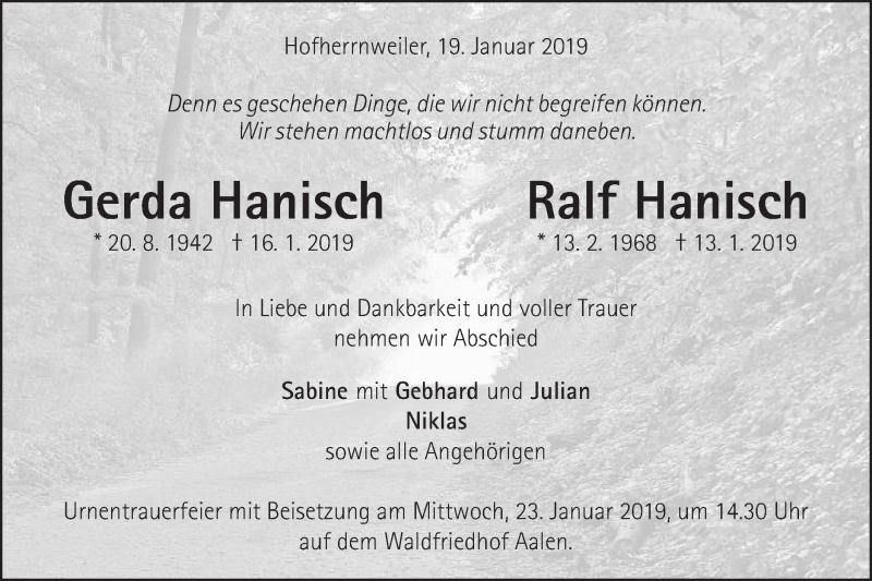  Traueranzeige für Gerda und Ralf Hanisch vom 19.01.2019 aus Schwäbische Post