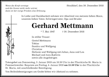 Traueranzeige von Gerhard Mettmann von Schwäbische Post