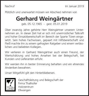Traueranzeige von Gerhard Weingärtner von Schwäbische Post