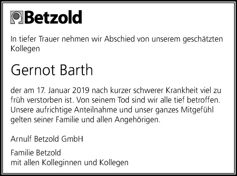  Traueranzeige für Gernot Barth vom 22.01.2019 aus Schwäbische Post