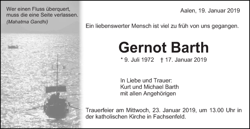  Traueranzeige für Gernot Barth vom 19.01.2019 aus Schwäbische Post