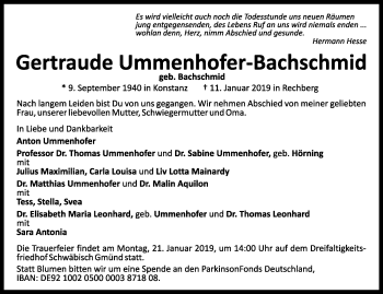 Traueranzeige von Gertraude Ummenhofer-Bachschmid von Gmünder Tagespost