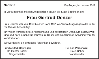 Traueranzeige von Gertrud Denzer von Bopfinger Stadtanzeiger