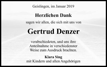 Traueranzeige von Gertrud Denzer von Schwäbische Post