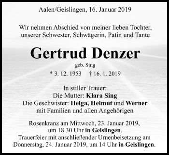 Traueranzeige von Gertrud Denzer von Schwäbische Post