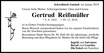 Traueranzeige von Gertrud Reißmüller von Gmünder Tagespost