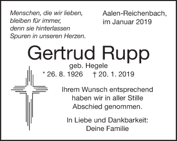Traueranzeige von Gertrud Rupp von Schwäbische Post