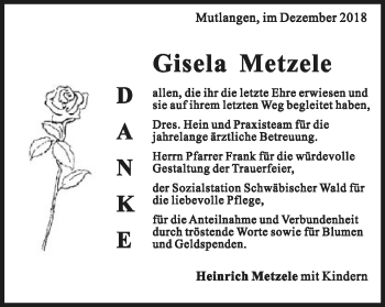 Traueranzeige von Gisela Metzele von Gmünder Tagespost
