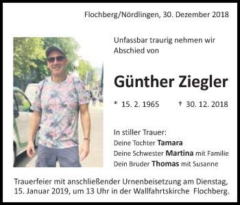 Traueranzeige von Günther Ziegler von Schwäbische Post