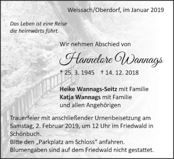 Traueranzeige von Hannelore Wannags von Schwäbische Post