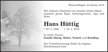 Traueranzeige von Hans Hüttig von Schwäbische Post