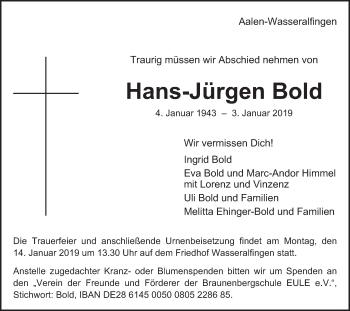Traueranzeige von Hans-Jürgen Bold von Schwäbische Post