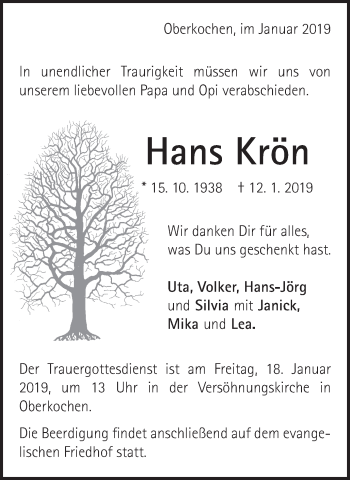 Traueranzeige von Hans Krön von Amtsblatt_Oko