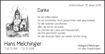Traueranzeige von Hans Melchinger von Schwäbische Post