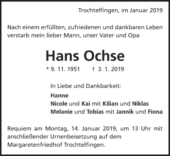 Traueranzeige von Hans Ochse von Schwäbische Post