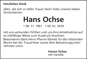 Traueranzeige von Hans Ochse von Bopfinger Stadtanzeiger