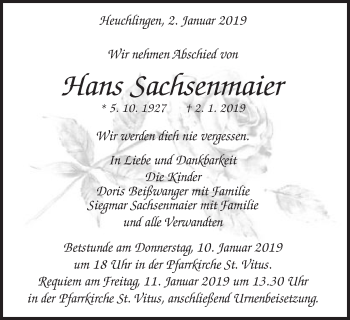 Traueranzeige von Hans Sachsenmaier von Gmünder Tagespost