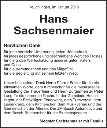 Traueranzeige von Hans Sachsenmaier von Gmünder Tagespost