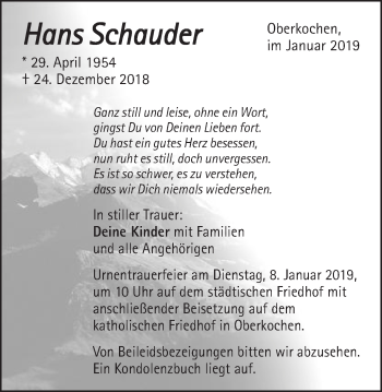 Traueranzeige von Hans Schauder von Amtsblatt_Oko