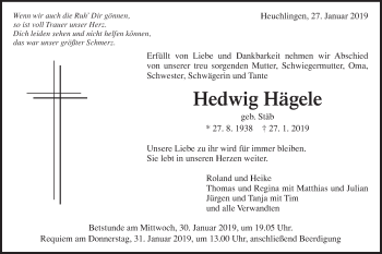 Traueranzeige von Hedwig Hägele von Gmünder Tagespost