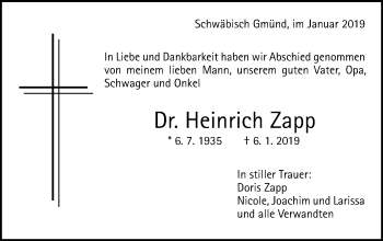 Traueranzeige von Heinrich Zapp von Gmünder Tagespost