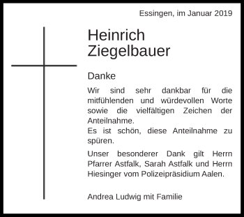 Traueranzeige von Heinrich Ziegelbauer von Schwäbische Post