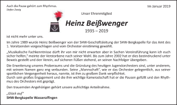 Traueranzeige von Heinz Beißwenger von Schwäbische Post