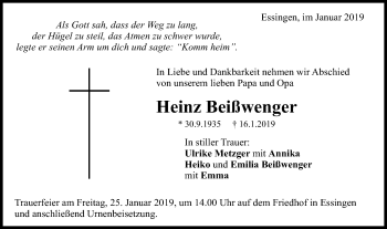 Traueranzeige von Heinz Beißwenger von Schwäbische Post