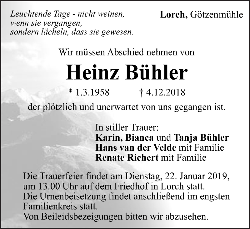  Traueranzeige für Heinz Bühler vom 16.01.2019 aus Gmünder Tagespost