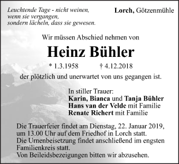 Traueranzeige von Heinz Bühler von Gmünder Tagespost
