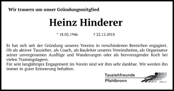 Traueranzeige von Heinz Hinderer von Gmünder Tagespost