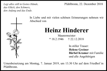 Traueranzeige von Heinz Hinderer von Gmünder Tagespost