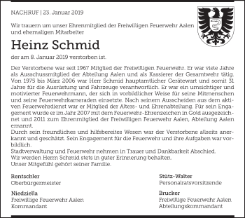 Traueranzeige von Heinz Schmid von Schwäbische Post