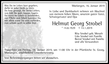 Traueranzeige von Helmut Georg Strobel von Gmünder Tagespost