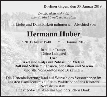 Traueranzeige von Hermann Huber von Schwäbische Post