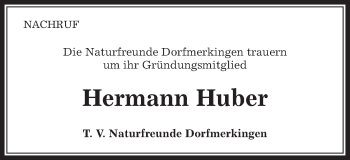 Traueranzeige von Hermann Huber von Schwäbische Post