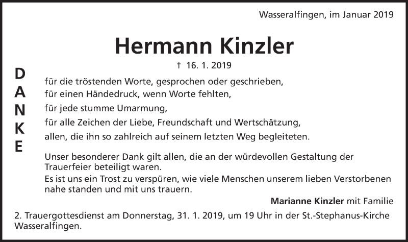  Traueranzeige für Hermann Kinzler vom 29.01.2019 aus Schwäbische Post