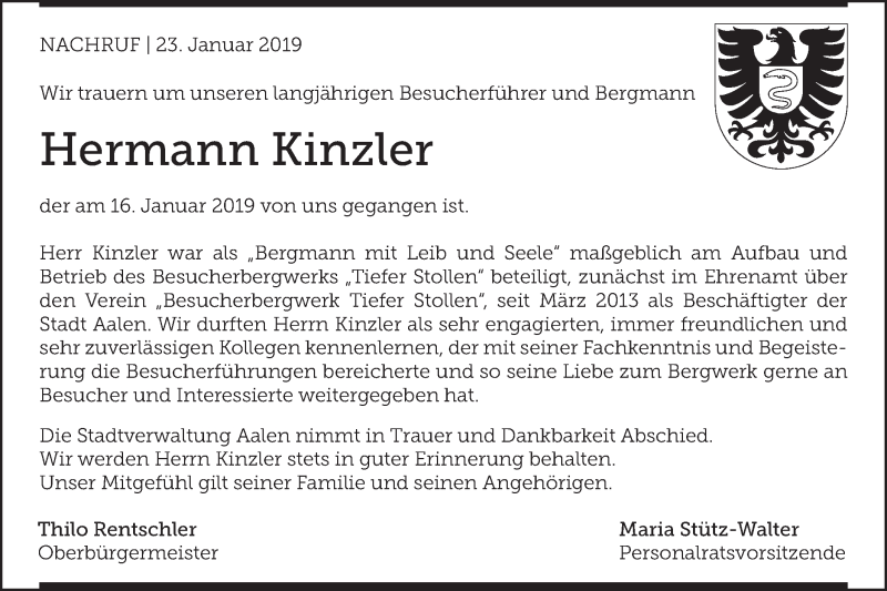  Traueranzeige für Hermann Kinzler vom 23.01.2019 aus Schwäbische Post