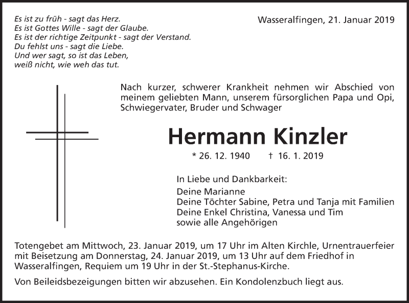  Traueranzeige für Hermann Kinzler vom 21.01.2019 aus Schwäbische Post