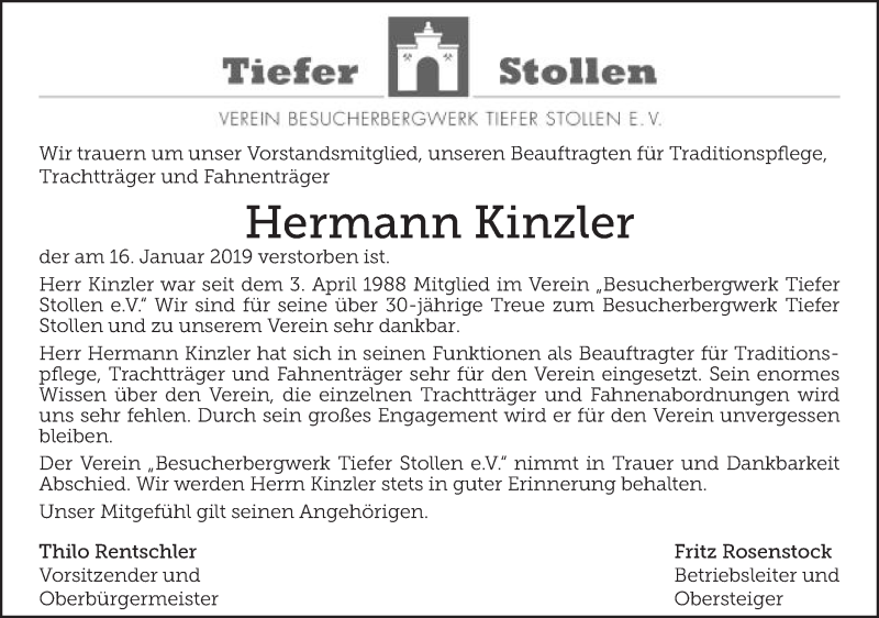 Traueranzeige für Hermann Kinzler vom 22.01.2019 aus Schwäbische Post