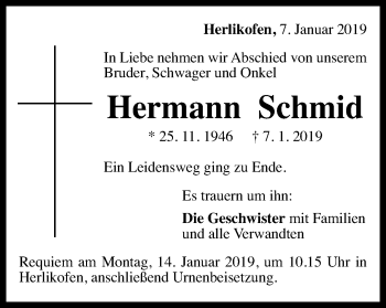 Traueranzeige von Hermann Schmid von Gmünder Tagespost
